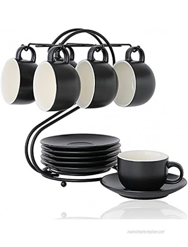 Porcelain Expresso Cups4.5oz with Saucers & Metal Stand Candiicap Demitasse Cups Set for Coffee Cappuccino Latte Expresso Americano Tea 4.5oz,Matte Black