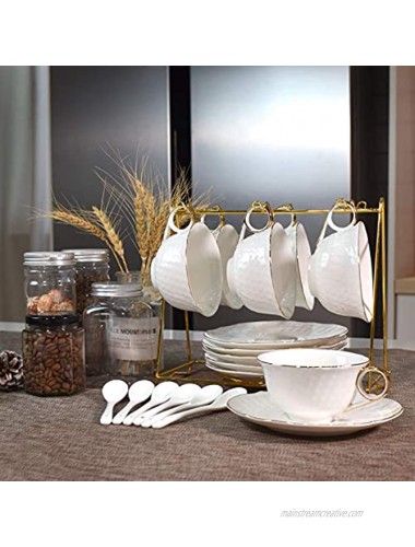 Porcelain Tea Cups Sets with Saucers,DERUI CREATION Cappuccino Cups 5oz）with Gold Trim and Gift Box Coffee Cup with Cup Holder,Metal Stand,Set of 6Pure White