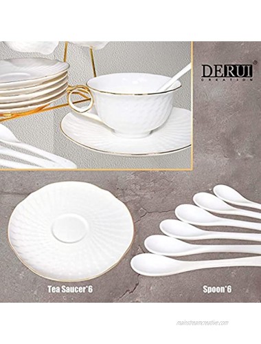 Porcelain Tea Cups Sets with Saucers,DERUI CREATION Cappuccino Cups 5oz）with Gold Trim and Gift Box Coffee Cup with Cup Holder,Metal Stand,Set of 6Pure White