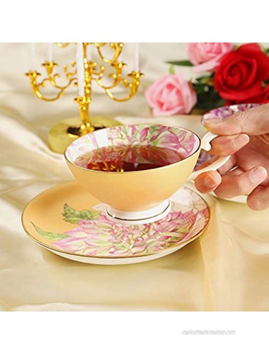 Pulchritudie Fine Bone China Teacup and Saucer Set English Teasets Floral Design with Golden Rim Set of Four