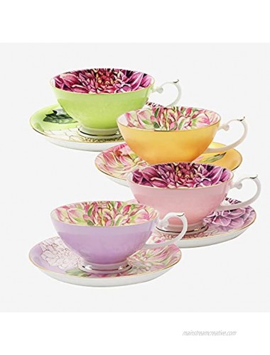 Pulchritudie Fine Bone China Teacup and Saucer Set English Teasets Floral Design with Golden Rim Set of Four