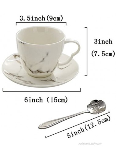 Set of 2 Tea Cups and Saucers Coffee Tea Cup Set Marble Ceramic with Spoons Porcelain Latte Cappuccino Cup 8.5 oz Dishwasher and Microwave Safe