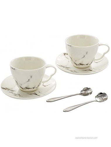 Set of 2 Tea Cups and Saucers Coffee Tea Cup Set Marble Ceramic with Spoons Porcelain Latte Cappuccino Cup 8.5 oz Dishwasher and Microwave Safe