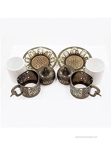 Stunning Turkish Greek Coffee Espresso Cup with Inner Porcelain Metal Holder Plate and Lid 2 Cups Consists of 8 Pcs Best Gift Idea Bronz