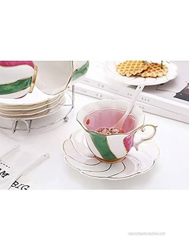 SVRVGV Bone China Tea Cups and Saucer Stripe Coffee Mug Tea Cups Set with Saucer and Spoon American Tea Cup Coffee Cup Latte Cup Tea Sets for Women 6.8 Ounce-Pink Greenish