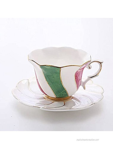 SVRVGV Bone China Tea Cups and Saucer Stripe Coffee Mug Tea Cups Set with Saucer and Spoon American Tea Cup Coffee Cup Latte Cup Tea Sets for Women 6.8 Ounce-Pink Greenish