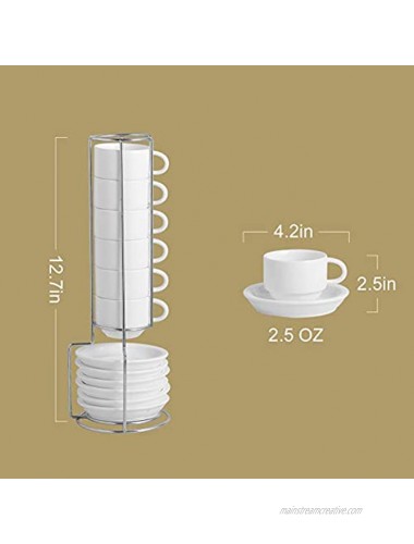 SWEEJAR Porcelain Espresso Cup & Saucer Set Stackable Demitasse Cups with Metal Stand 2.5 OZ for Latte,Coffee,Cafe Mocha,Tea Set of 6Blue
