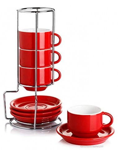Sweese 405.404 Porcelain Stackable Espresso Cups with Saucers and Metal Stand 4 Ounce Set of 4 Red