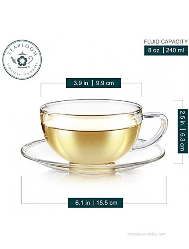 Teabloom Kyoto Teacup and Saucer Set 4-Pack – Medium Size – 8 OZ 240 ML Capacity – Healthful Premium Borosilicate Glass – Heat Resistant Microwave Safe