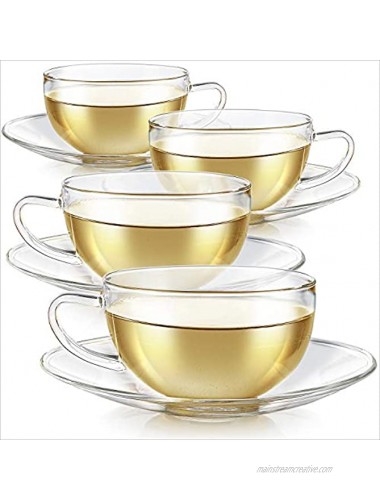 Teabloom Kyoto Teacup and Saucer Set 4-Pack – Medium Size – 8 OZ 240 ML Capacity – Healthful Premium Borosilicate Glass – Heat Resistant Microwave Safe