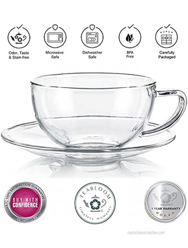 Teabloom Kyoto Teacup and Saucer Set 4-Pack – Standard Teacup Size – 6 OZ 180 ML Capacity – Crystal Clear Design –– Healthful Premium Borosilicate Glass – Heat Resistant Microwave Safe