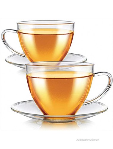 Teabloom Royal Teacup and Saucer Set 2-Pack – Medium Teacup Size – 8 OZ 240 ML Capacity – Crystal Clear Classic Design – Premium Healthful Borosilicate Glass – Durable and Heat Resistant