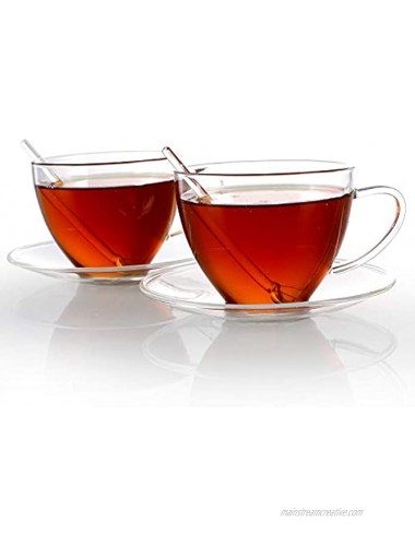 Teabloom Royal Teacup and Saucer Set 2-Pack – Medium Teacup Size – 8 OZ 240 ML Capacity – Crystal Clear Classic Design – Premium Healthful Borosilicate Glass – Durable and Heat Resistant