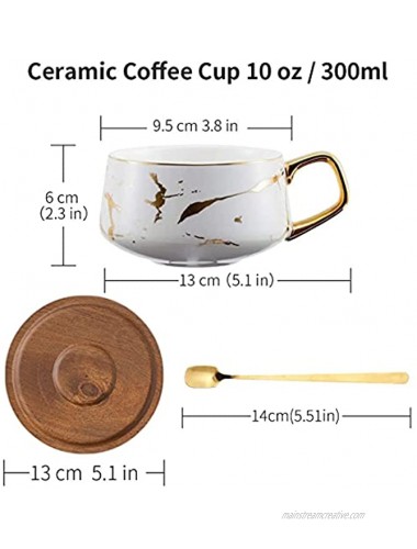 TILANY Tea Cup and Wooden Saucer Set Luxury 10 Oz Ceramic Latte Mug with Golden Spoon & Coffee Saucer – Fancy Gold – Planted Handle Coffee Cups Modern Teacup Set for Women Men White