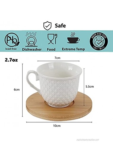 TRSPCWR Espresso Cup with Saucers Set 6 Porcelain Turkish Cup Ceramic Tea Cups Wave Point Cup Finish White 2.7oz