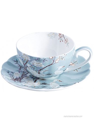 ufengke 8oz Blue Fine Bone China Coffee Cup with Saucer,Colored Flowers,White Crane Porcelain Tea Cup and Saucer