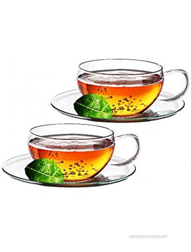 Ultra Clear Glass Coffee Tea Set by Sun’s Tea | Set of 2 | 8 oz 230 ml | Borosilicate Glasses w Handle and Clear Glass Saucer | Simple and Elegant | Microwave Safe Pure Glass | Not Plastic