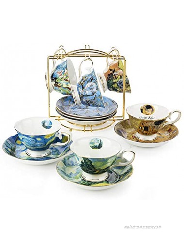Van Gogh Bone China Set of 6 Cups and Saucers With Rack Coffee Cup and Saucer Set With Gift Box 8-Ounce Art Coffee Mugs Set