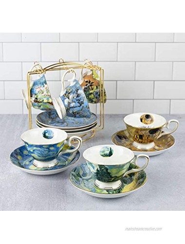 Van Gogh Bone China Set of 6 Cups and Saucers With Rack Coffee Cup and Saucer Set With Gift Box 8-Ounce Art Coffee Mugs Set
