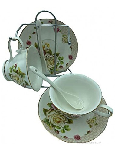 Viktorwan Porcelain Tea Cup and Saucer Coffee Cup Set with Saucer and Spoon Set of 7 2 Tea Cups 2 Saucers 2 Spoons and 1 Bracket