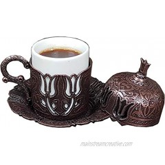 Vintage Turkish Arabic Moroccan Armenian Coffee Espresso Cup and Saucer with Lid Inner Porcelain Demitasse Decorative Metal Holder Mug Gift for Serving and Drinking Party 2.2 oz Antique Two Tulips