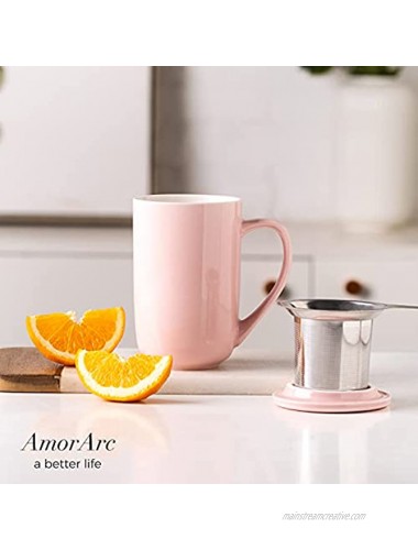 AmorArc 16Oz Ceramic Mug Tea Cup with Infuser and Lid Tea Strainer Mug with Tea Bag Holder for Loose Leaf Tea Tea Steeping Mug for Tea Coffee Milk Juice Suitable for Personal Use or Gifts-Pink
