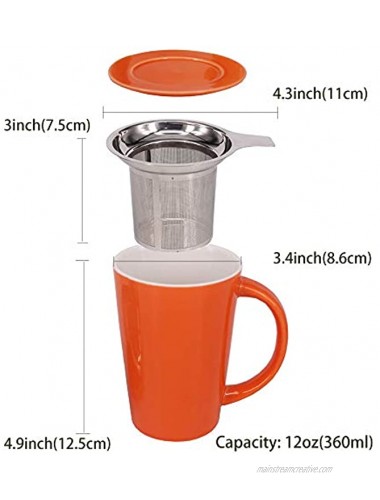 BPFY 12oz Porcelain Mug With Infuser and Lid Ceramic Coffee Cup Tea Cups for Coffee Loose Leaf Tea Milk Orange