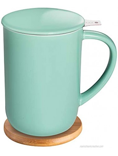 CEEFU Porcelain Tea Mug with Infuser and Lid Teaware with Filter and Coaster Loose Leaf Tea Cup Steeper Maker 16 OZ for Tea Coffee Milk Women Office Home Gift Mint Green