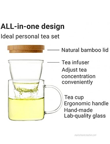 Emoi Glass Tea Cup with Infuser and Lid 15oz 450ml Tea Mug with Tea Steeper and Bamboo Lid Easy to Use Ideal for Tea Lover to Make a Good Cup of Tea at Home Office or Traveling