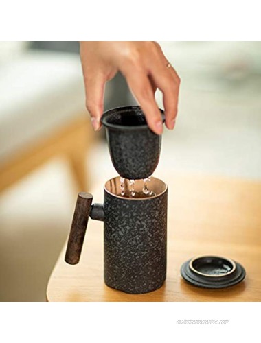 Fosenw Ceramic Tea Mug Tea Cup with Lid,Infuser and Wooden Handle 14 oz Bluestone