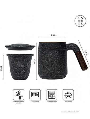 Fosenw Ceramic Tea Mug,Chinese Tea Cup with Lid,Sandalwood Handle and Infuser for Filtering Loose Tea Leaves,12 oz Bluestone
