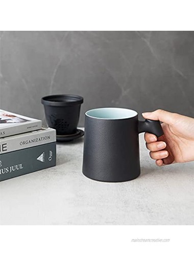 HEER Ceramic Tea Mug with Infuser and Lid Black Pottery Tea Cup with Filter for Steeping Loose Leaf Chinese Handmade Wooden Handle Diffuser Teacup for Home Office. Frosted Glazed Teaware 14oz.