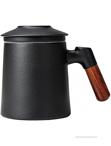HEER Ceramic Tea Mug with Infuser and Lid Black Pottery Tea Cup with Filter for Steeping Loose Leaf Chinese Handmade Wooden Handle Diffuser Teacup for Home Office. Frosted Glazed Teaware 14oz.