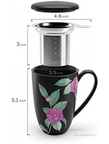immaculife Tea Cup with Infuser and Lid Ceramic Tea Mug with Lid Teaware with Filter 16oz Black Floral Print