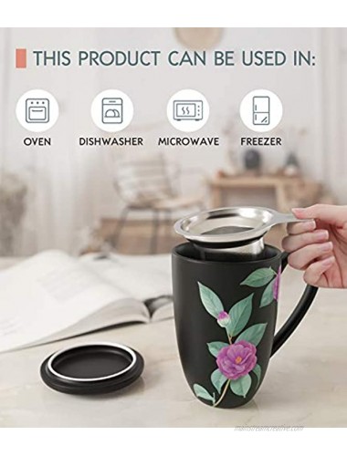 immaculife Tea Cup with Infuser and Lid Ceramic Tea Mug with Lid Teaware with Filter 16oz Black Floral Print