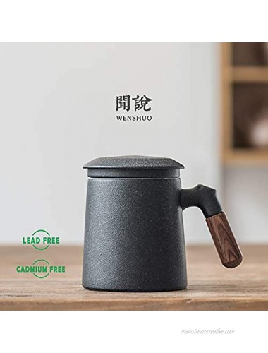 Sandalwood handle Tea Mug Chinese Ceramic Tea Cup with Infuser and Lid 13 oz Matte Grey