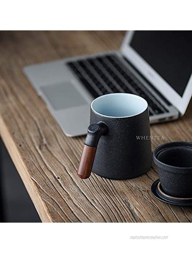 Sandalwood handle Tea Mug Chinese Ceramic Tea Cup with Infuser and Lid 13 oz Matte Grey
