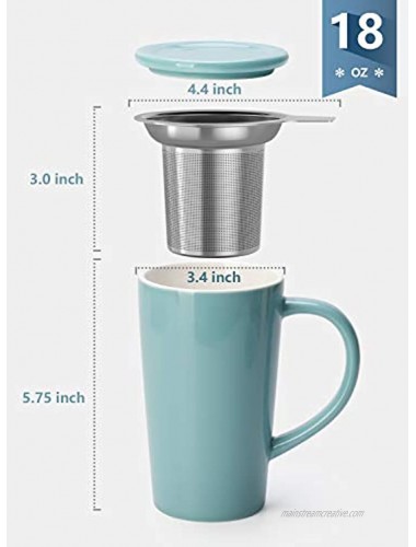 Sweese 202.102 Porcelain Tea Mug with Infuser and Lid Ceramic Coffee Cocoa Cup Set for One Taller and Large 18 OZ Turquoise