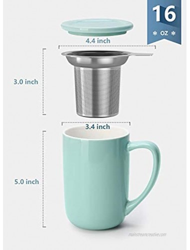 Sweese 203.109 Ceramic Tea Mug with Infuser and Lid Single Cup Loose Tea Brewing System Draw Your Own Design 16 OZ Mint Green