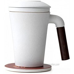 Tea Mugs with Coaster and Wooden Handle Tea Mug Ceramic Tea Cup with Infuser and Lid White