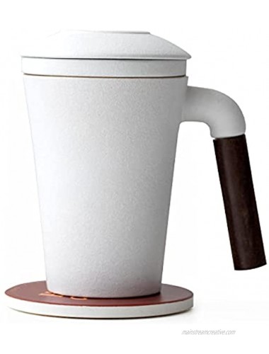 Tea Mugs with Coaster and Wooden Handle Tea Mug Ceramic Tea Cup with Infuser and Lid White