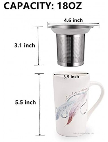 Yopay Porcelain Tea Cup with Filter and Lid 18OZ Feather Dad Women Gift Ceramic Tea Mug Tea Brewing Diffuser Brewer taza Travel Teaware for Steeping Office and Home Uses