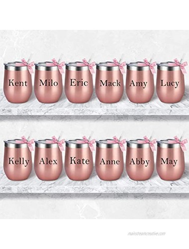 12 Pack Stainless Steel Wine Tumblers 12Oz Double Wall Vacuum Insulated Wine Tumblers with Lids and Straws Stainless Steel Stemless Wine Glasses for Coffee Wine Cocktails Champaign Rose Gold