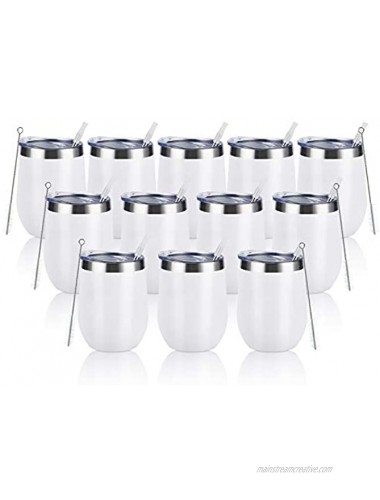 12 Pack Stainless Steel Wine Tumblers 12Oz Double Wall Vacuum Insulated Wine Tumblers with Lids and Straws Stainless Steel Stemless Wine Glasses for Coffee Wine Cocktails Champaign White