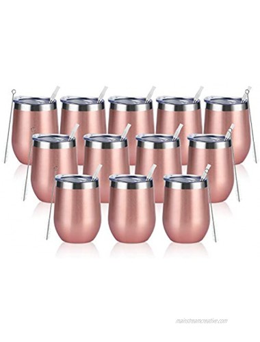12 Pack Stainless Steel Wine Tumblers 12Oz Double Wall Vacuum Insulated Wine Tumblers with Lids and Straws Stainless Steel Stemless Wine Glasses for Coffee Wine Cocktails Champaign Rose Gold