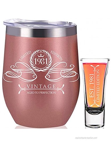 1981 40th Birthday Gifts For Women 40th Birthday Decorations Present for Women Funny Present Ideas Her Wife Mom Rose Gold Wine Tumbler 12 Oz Stainless Steel Insulated Shot Glass 40 Anniversary