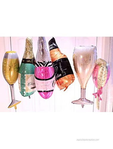 6 Pack Party Large Foil Balloons Whiskey and Champagne Bottles with Goblet Glasses 33in. Tall
