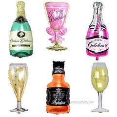 6 Pack Party Large Foil Balloons Whiskey and Champagne Bottles with Goblet Glasses 33in. Tall