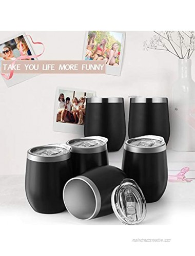 6 Pack Stainless Steel Stemless Insulated Wine Glass Tumbler Cup Gift Set 12Oz Family Double Wall Durable Coffee Mug with Lids,Straws and Brushes Black