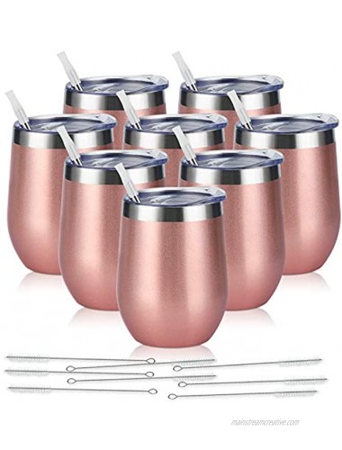 8 Pack 12Oz Stainless Steel Wine Tumblers Insulated Wine Tumbler Double Wall Insulated Wine Glass Stainless Steel Stemless Wine Cups with Lids for Coffee Wine Cocktails Champaign Rose Gold